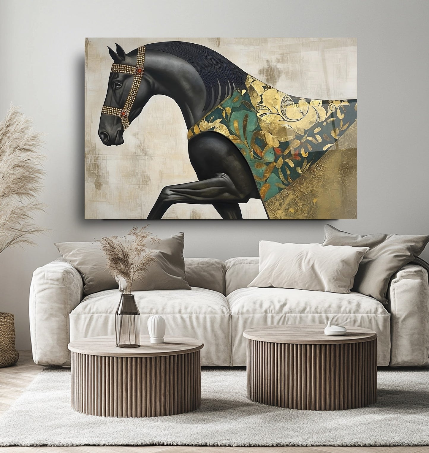 Gold Detaylı Siyah At Cam Tablo