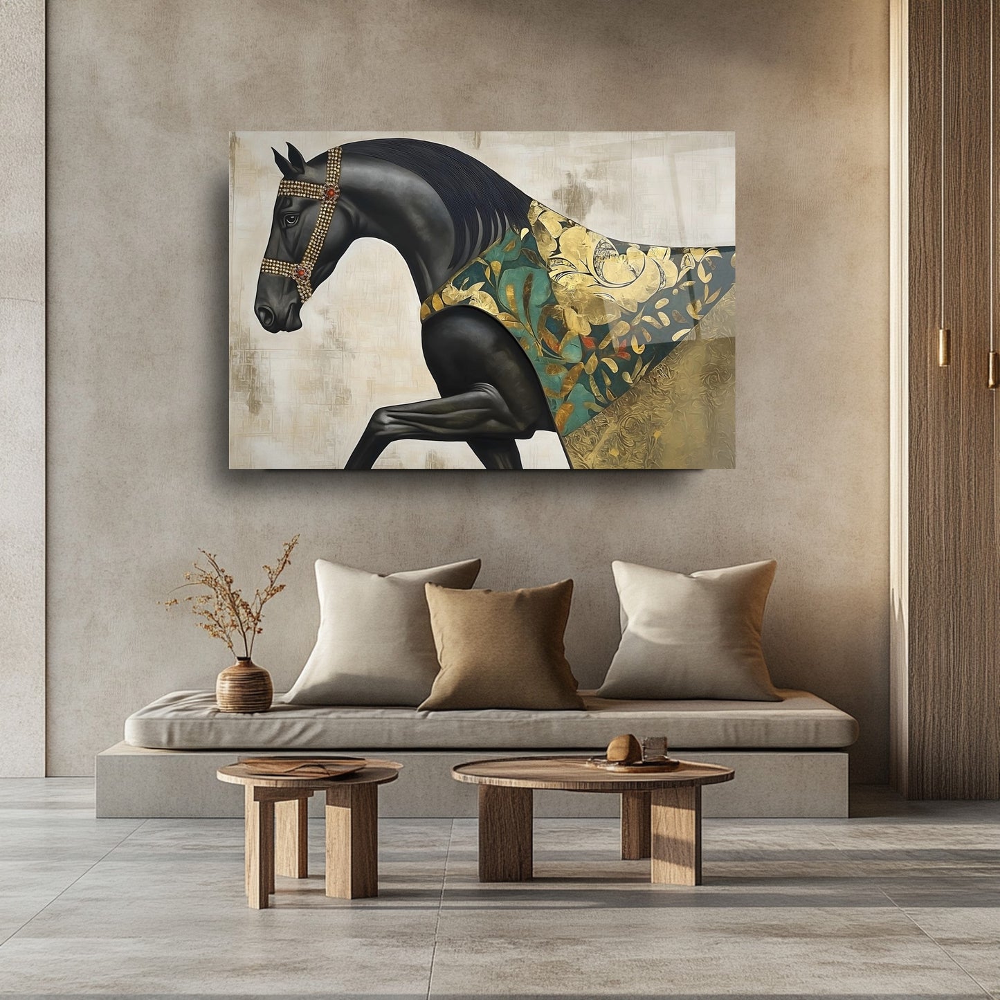 Gold Detaylı Siyah At Cam Tablo