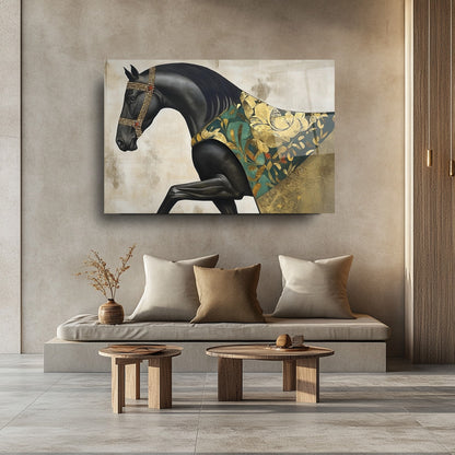 Gold Detaylı Siyah At Cam Tablo