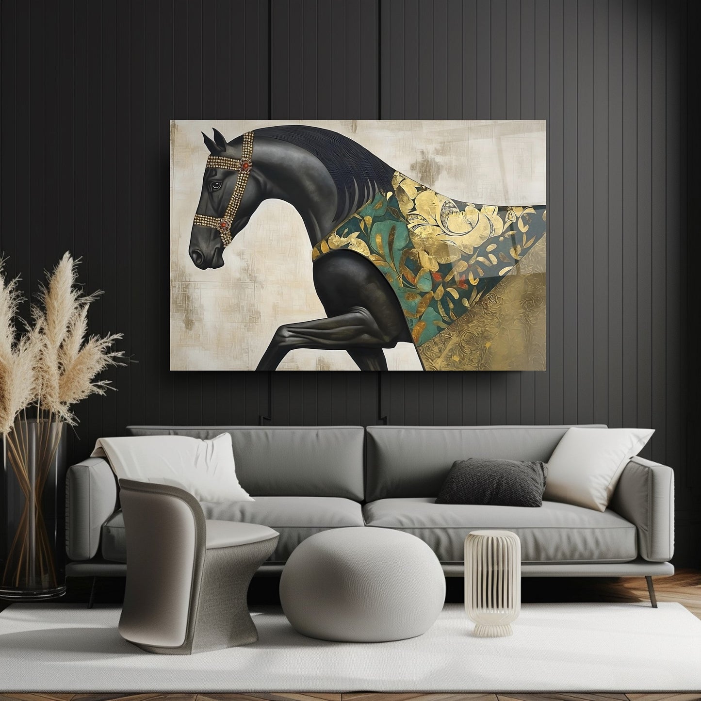 Gold Detaylı Siyah At Cam Tablo