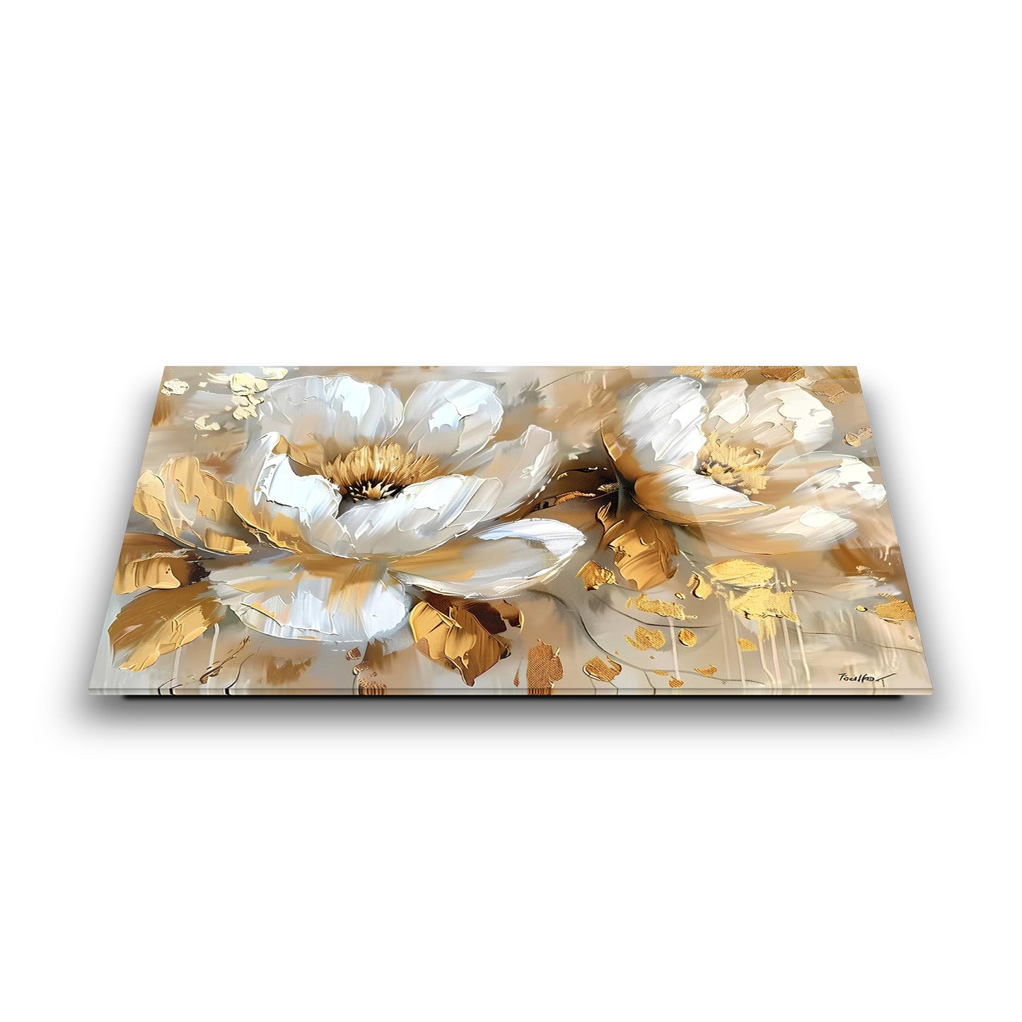 Gold Detay Beyaz Çiçekler Cam Tablo