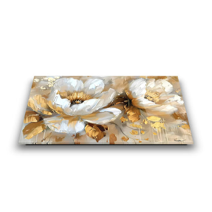 Gold Detay Beyaz Çiçekler Cam Tablo