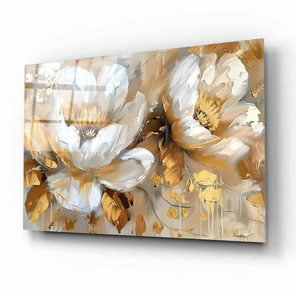 Gold Detay Beyaz Çiçekler Cam Tablo