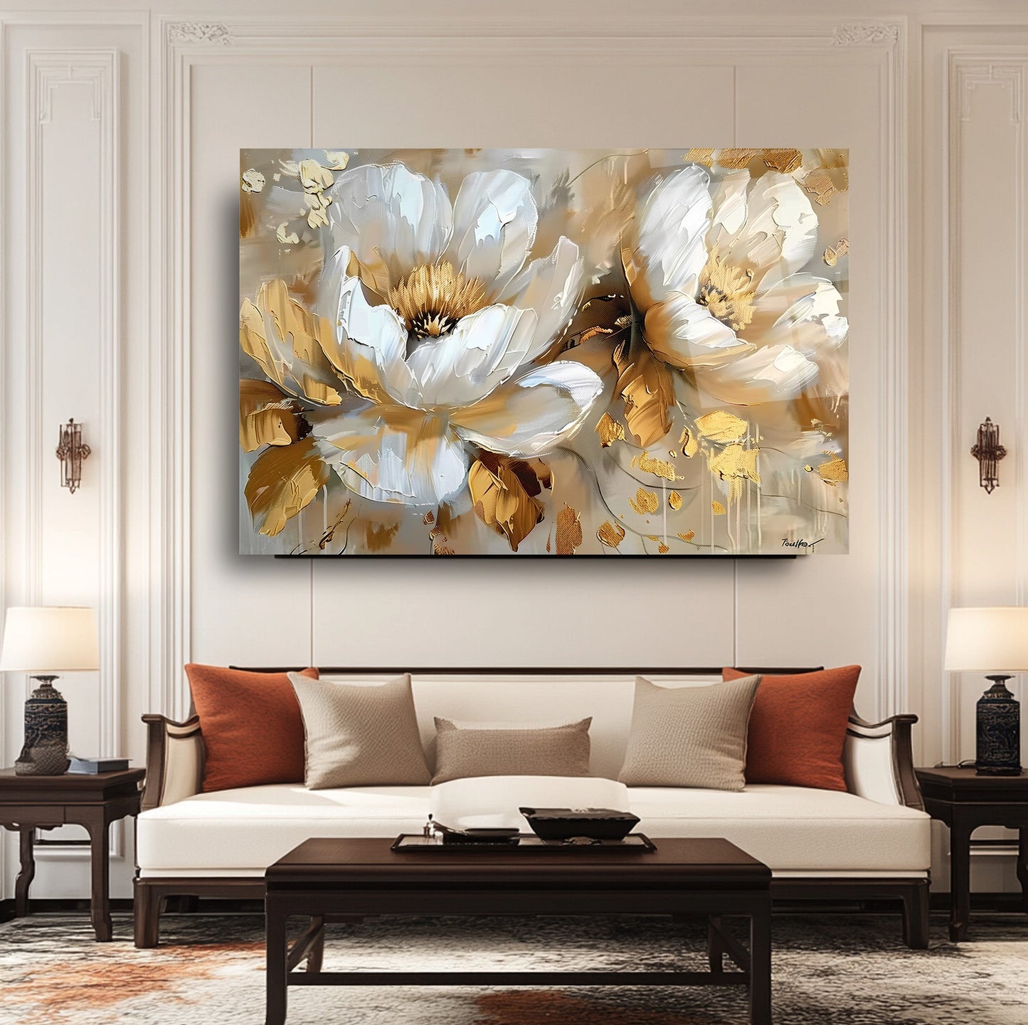 Gold Detay Beyaz Çiçekler Cam Tablo