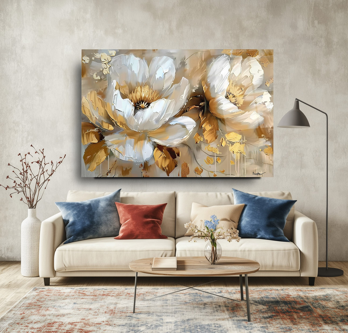 Gold Detay Beyaz Çiçekler Cam Tablo