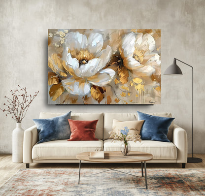 Gold Detay Beyaz Çiçekler Cam Tablo