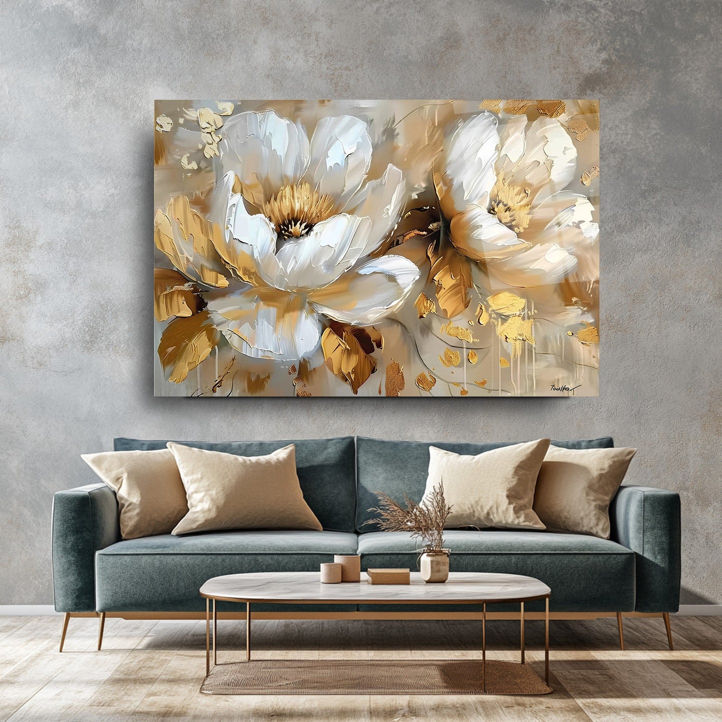 Gold Detay Beyaz Çiçekler Cam Tablo