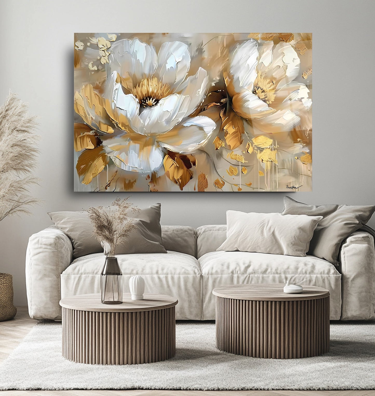 Gold Detay Beyaz Çiçekler Cam Tablo