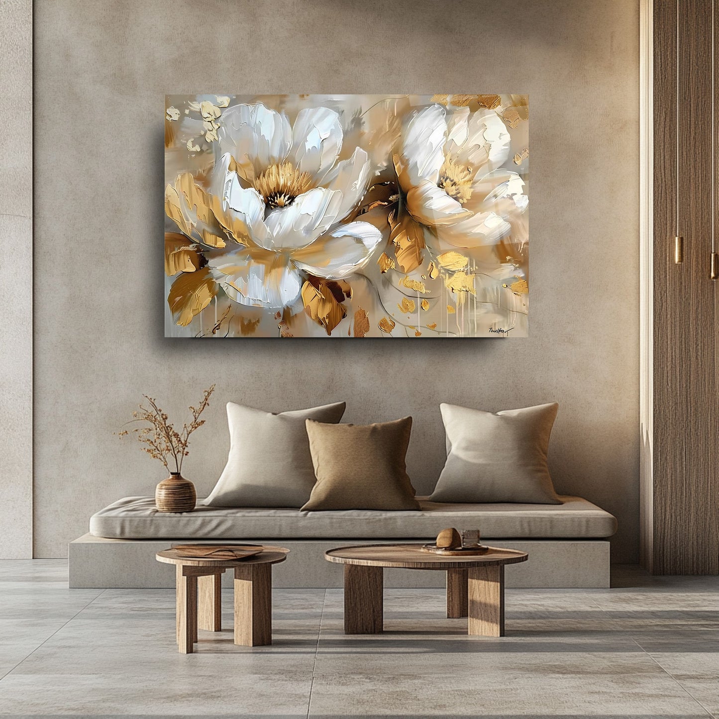 Gold Detay Beyaz Çiçekler Cam Tablo