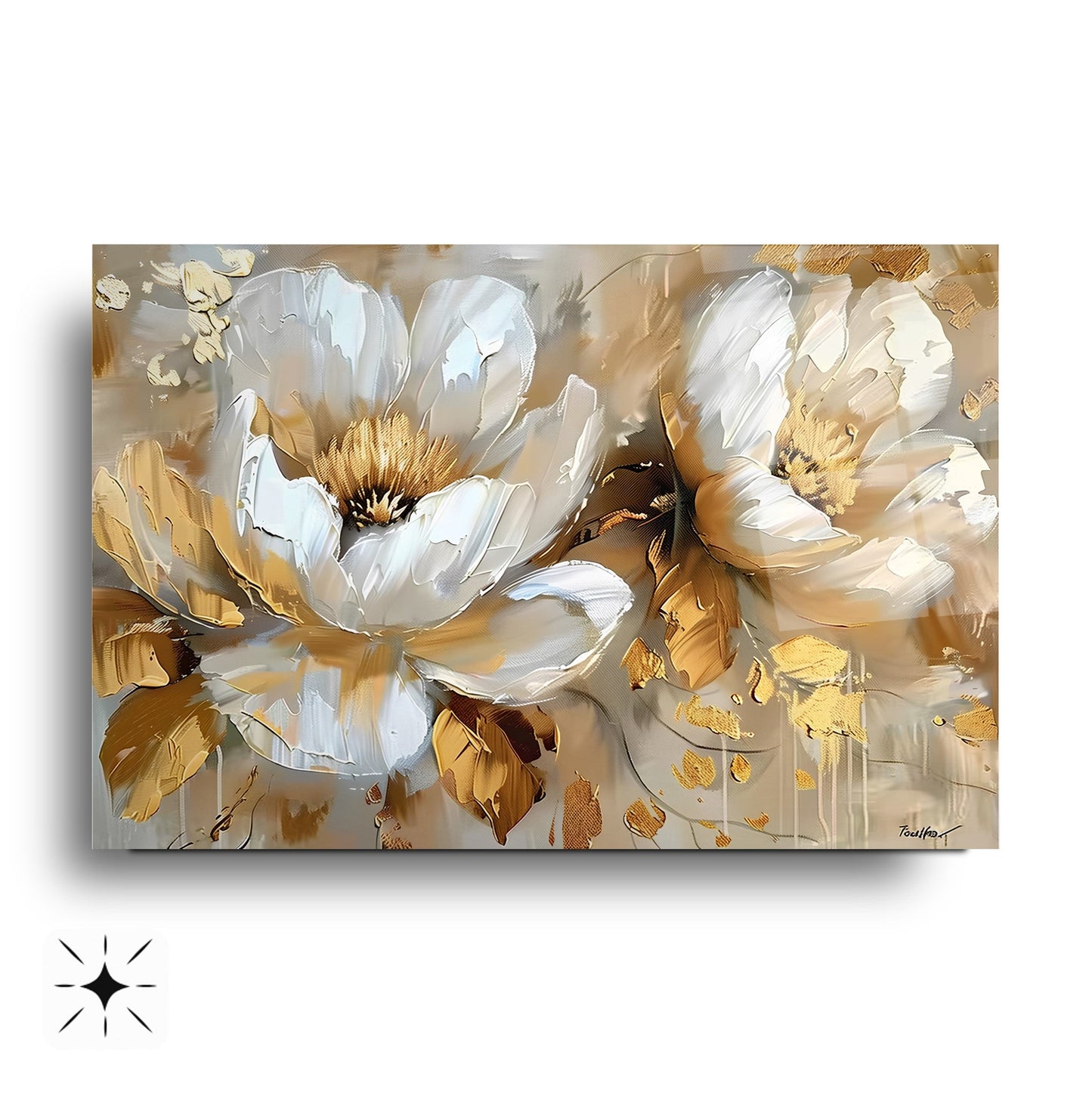 Gold Detay Beyaz Çiçekler Cam Tablo