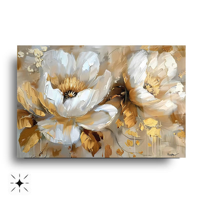 Gold Detay Beyaz Çiçekler Cam Tablo