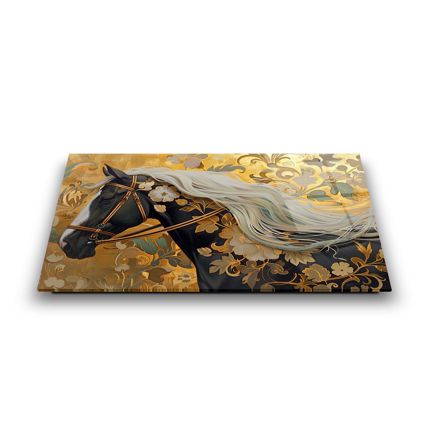Gold Çiçekli Siyah At Cam Tablo