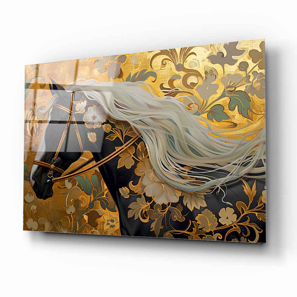 Gold Çiçekli Siyah At Cam Tablo