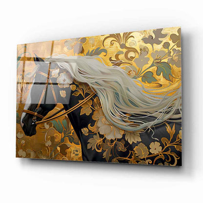 Gold Çiçekli Siyah At Cam Tablo