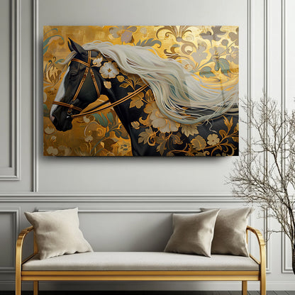 Gold Çiçekli Siyah At Cam Tablo