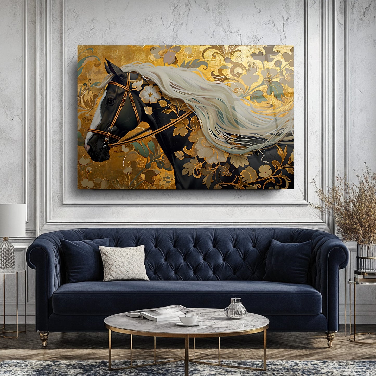 Gold Çiçekli Siyah At Cam Tablo