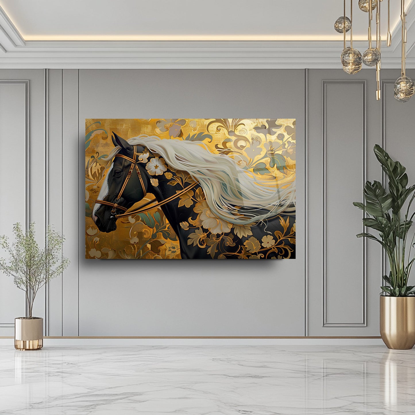 Gold Çiçekli Siyah At Cam Tablo