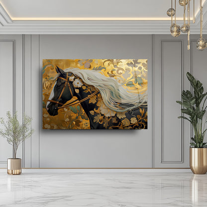 Gold Çiçekli Siyah At Cam Tablo