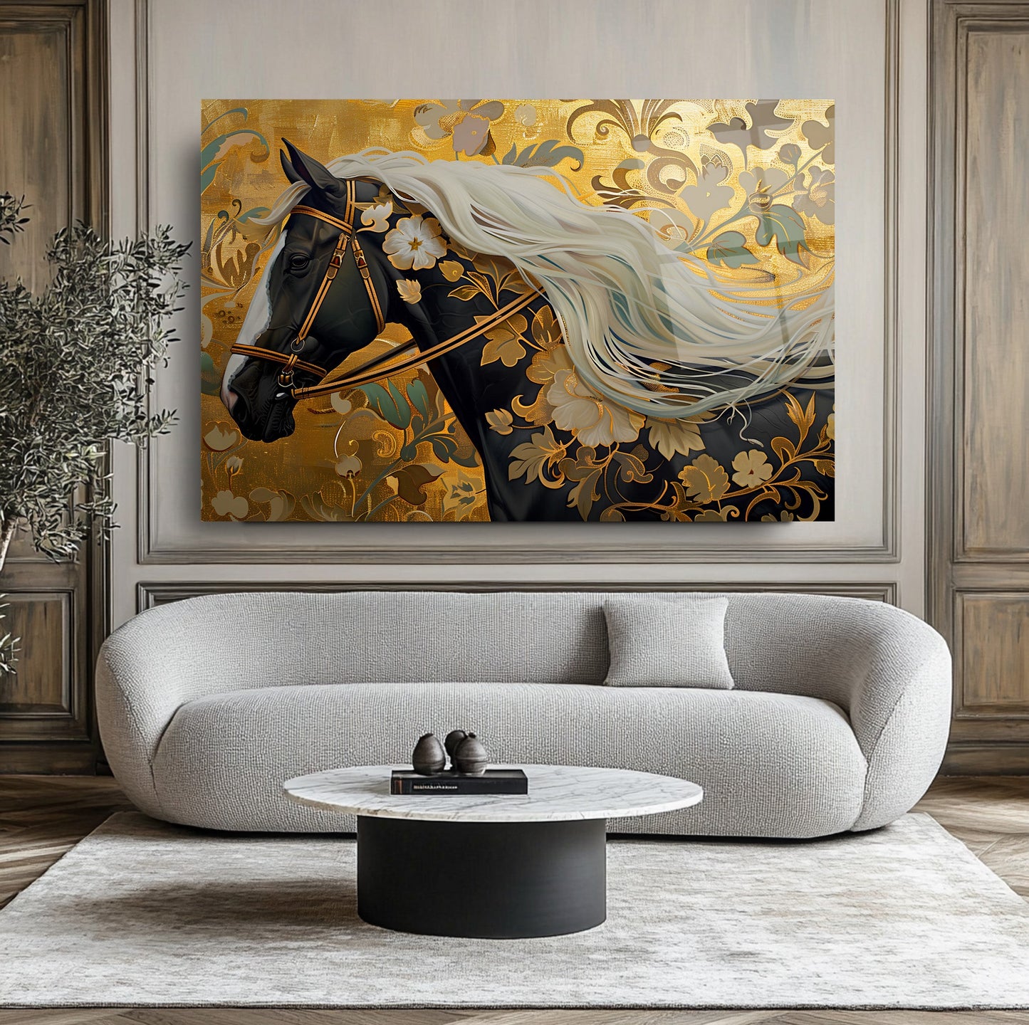Gold Çiçekli Siyah At Cam Tablo