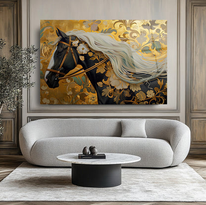 Gold Çiçekli Siyah At Cam Tablo