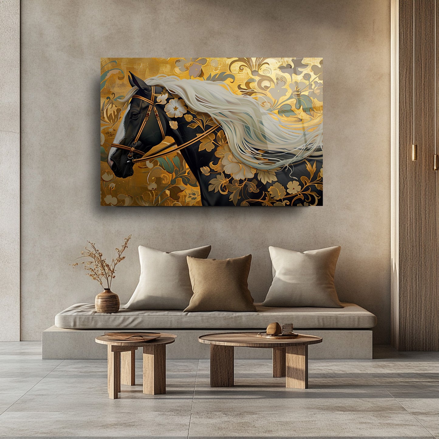 Gold Çiçekli Siyah At Cam Tablo