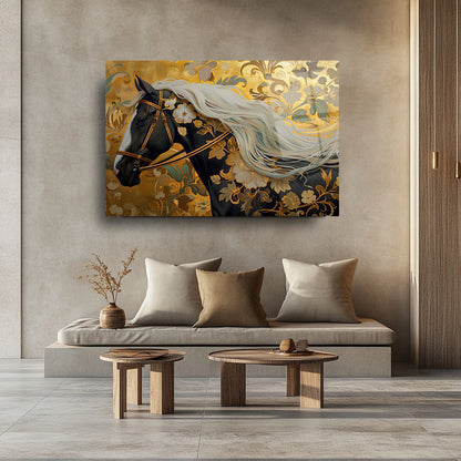 Gold Çiçekli Siyah At Cam Tablo