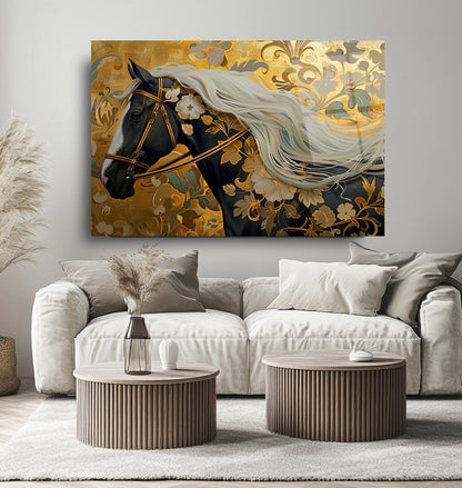 Gold Çiçekli Siyah At Cam Tablo