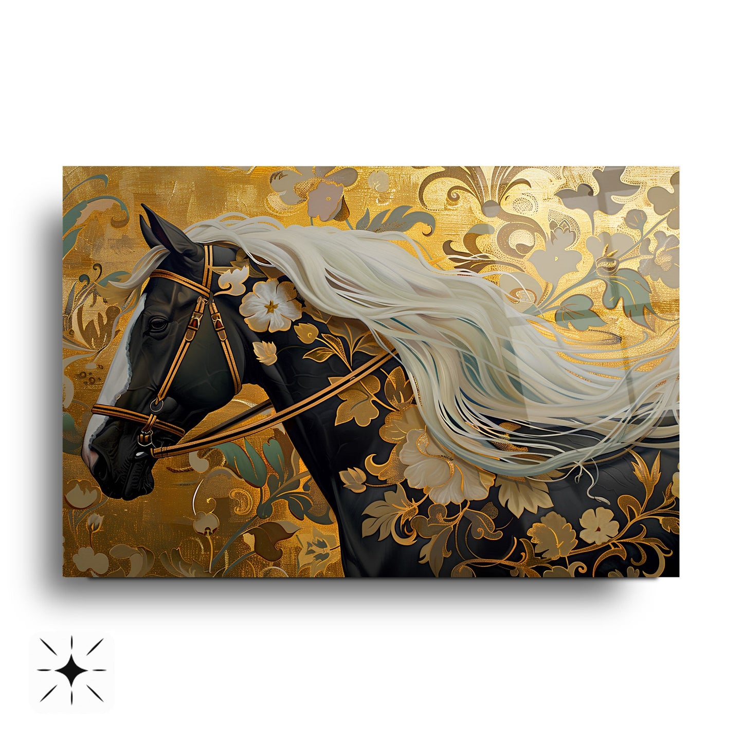 Gold Çiçekli Siyah At Cam Tablo