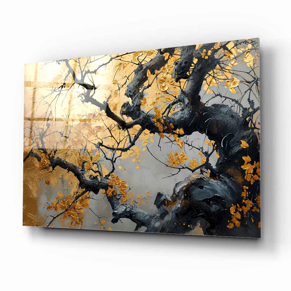 Gold Yapraklı Ağaç Cam Tablo