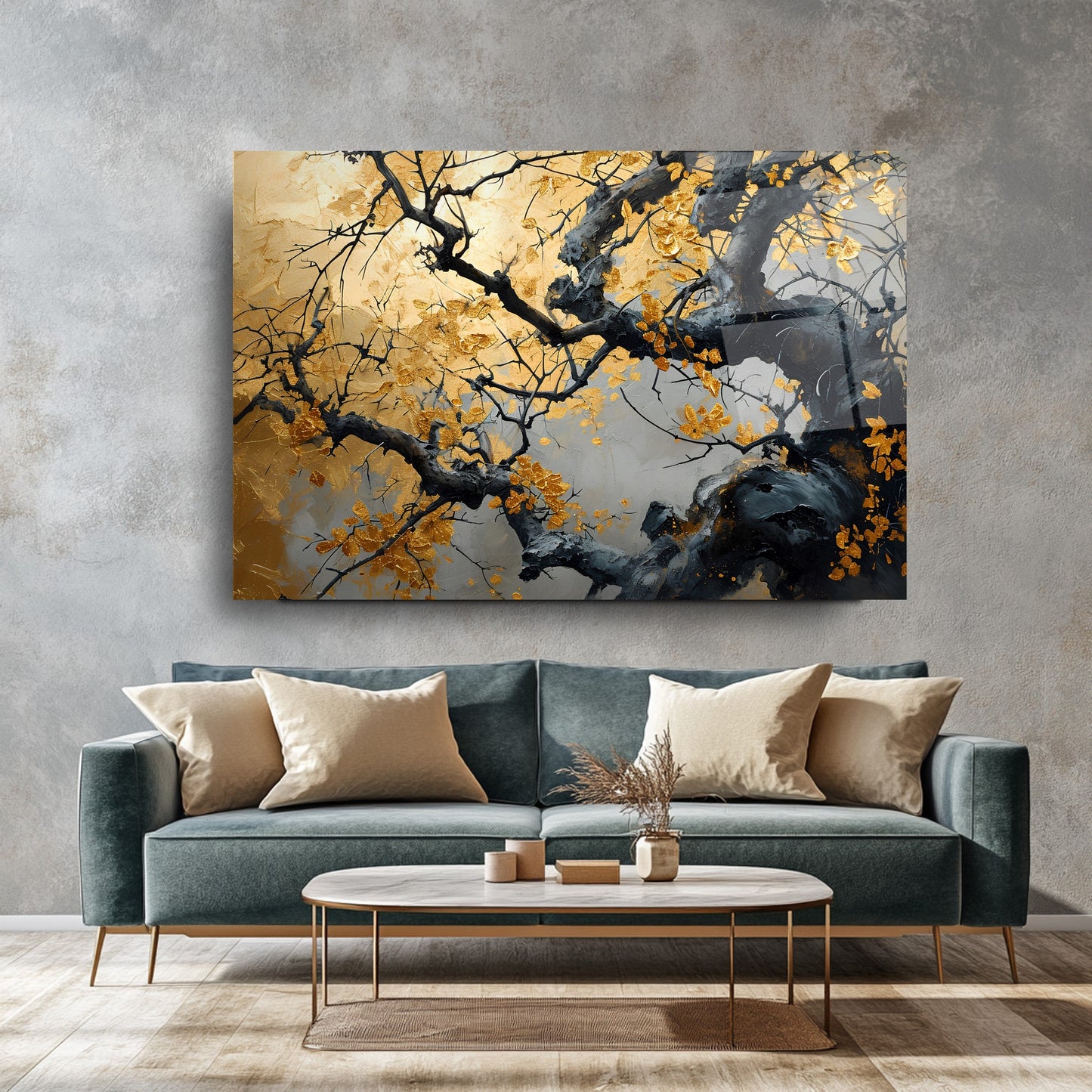 Gold Yapraklı Ağaç Cam Tablo