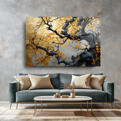 Gold Yapraklı Ağaç Cam Tablo