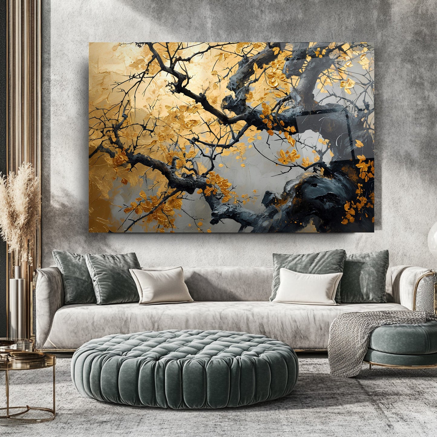 Gold Yapraklı Ağaç Cam Tablo