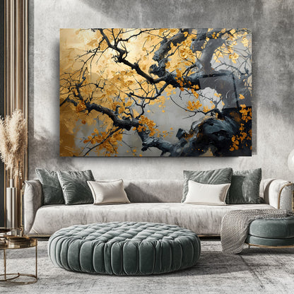 Gold Yapraklı Ağaç Cam Tablo
