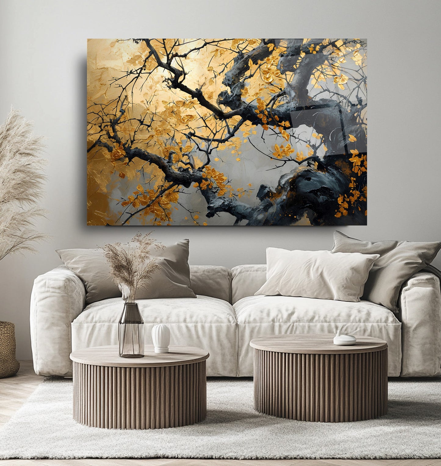 Gold Yapraklı Ağaç Cam Tablo