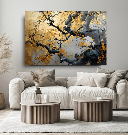 Gold Yapraklı Ağaç Cam Tablo