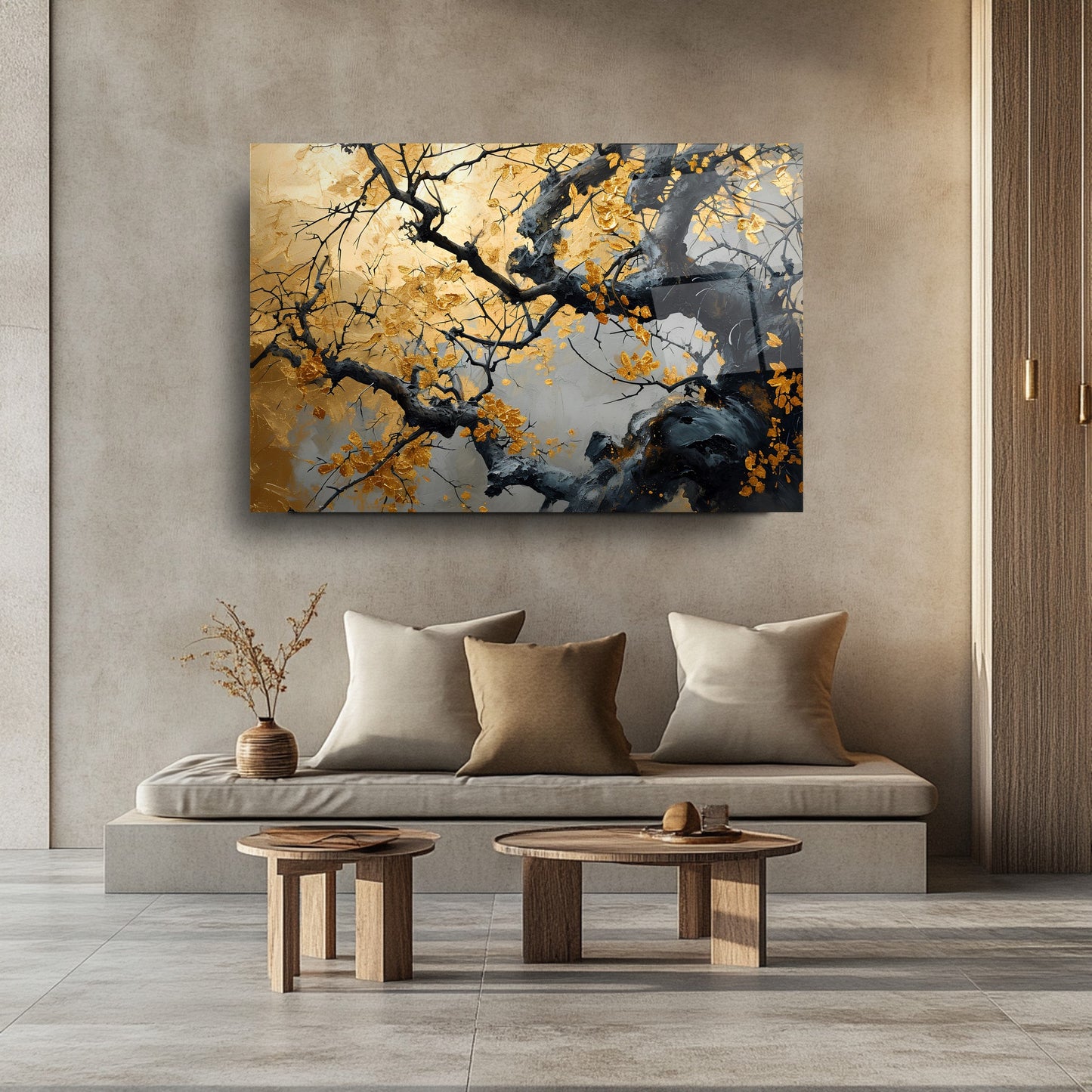 Gold Yapraklı Ağaç Cam Tablo