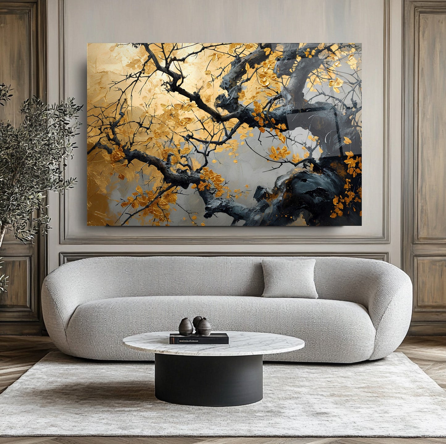 Gold Yapraklı Ağaç Cam Tablo