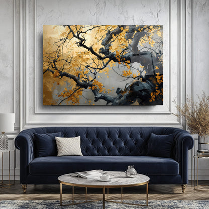 Gold Yapraklı Ağaç Cam Tablo