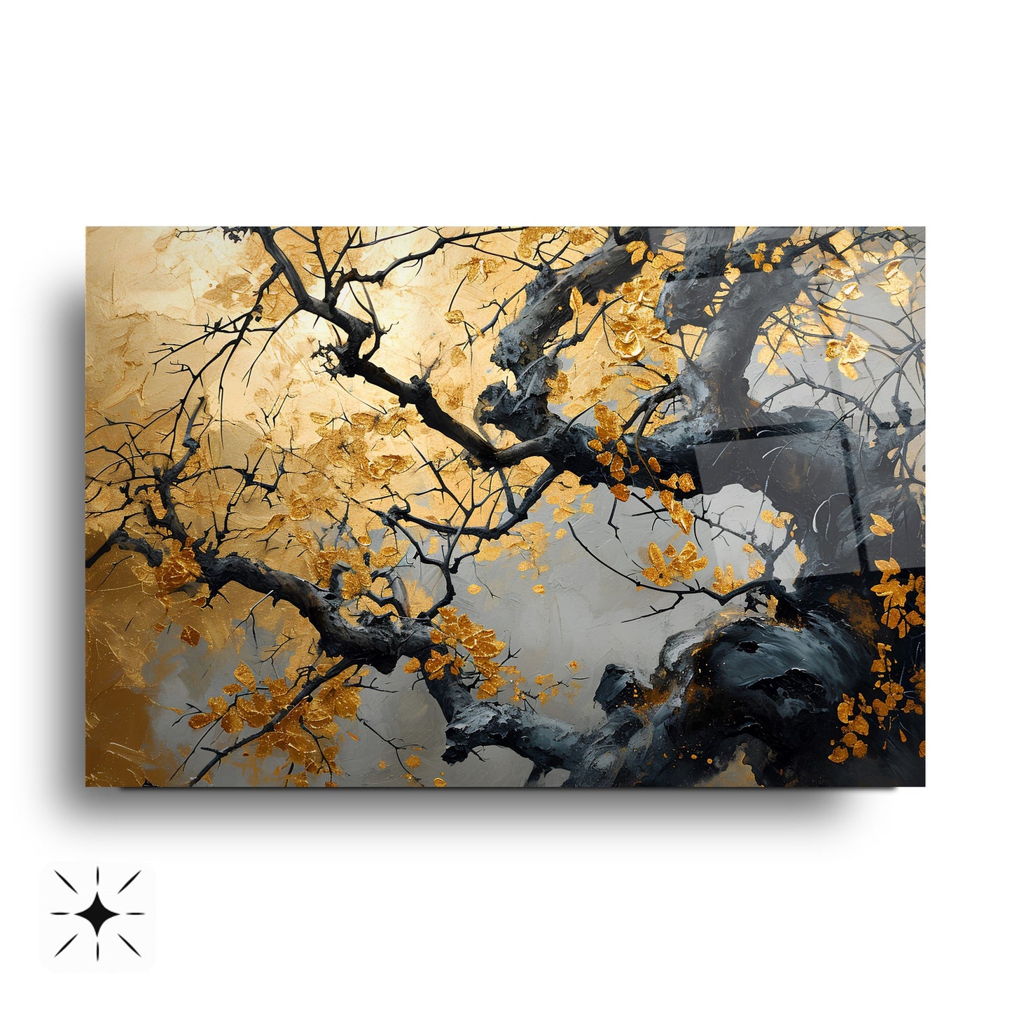 Gold Yapraklı Ağaç Cam Tablo