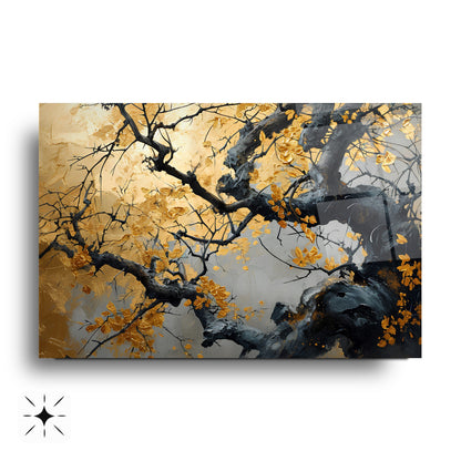 Gold Yapraklı Ağaç Cam Tablo