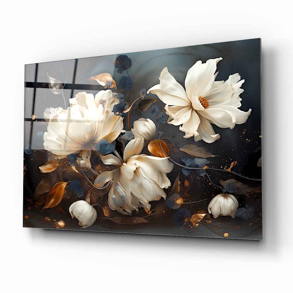 Beyaz Turuncu Çiçekler Cam Tablo