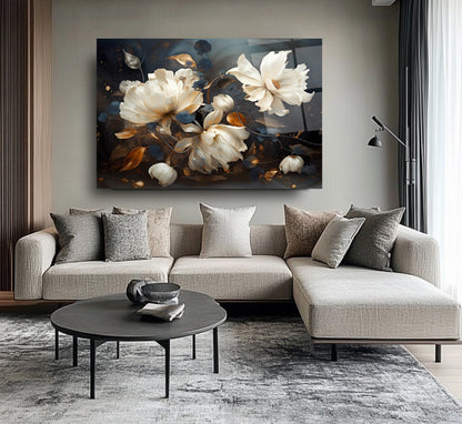 Beyaz Turuncu Çiçekler Cam Tablo