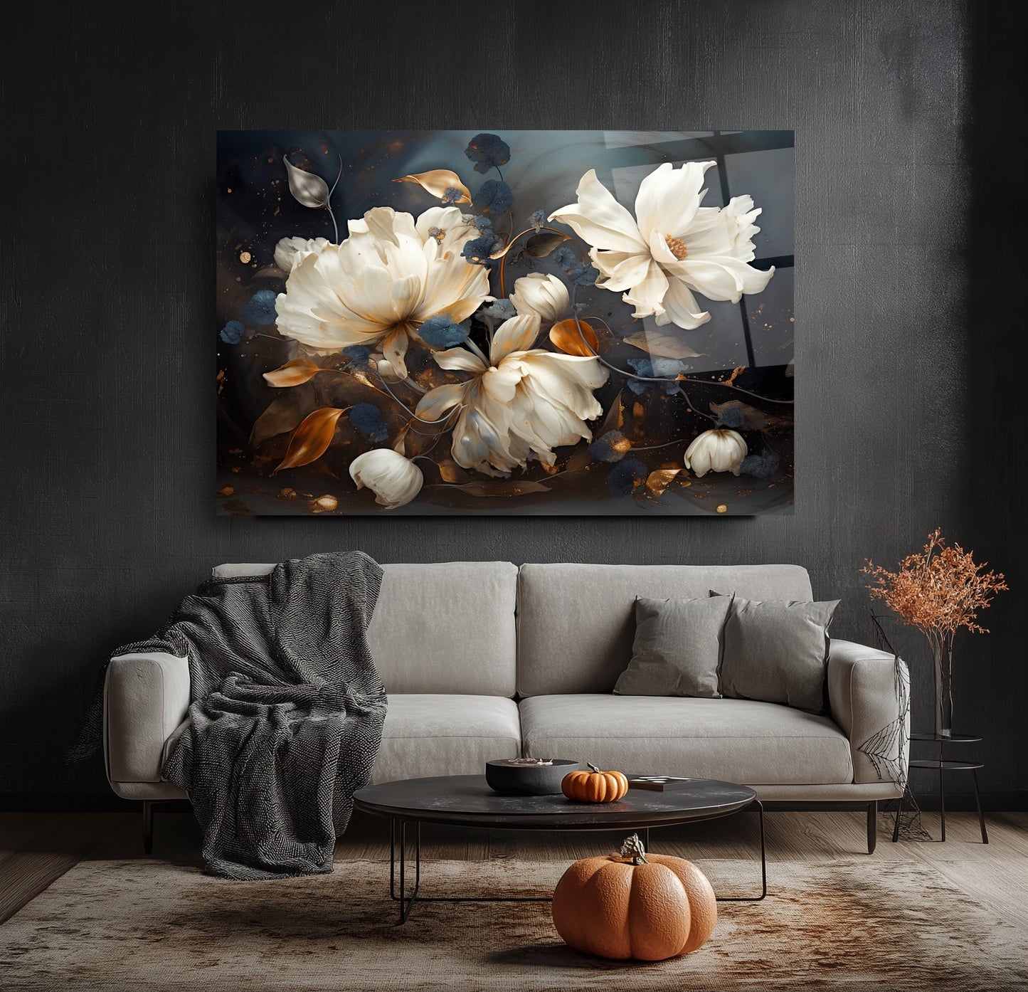 Beyaz Turuncu Çiçekler Cam Tablo