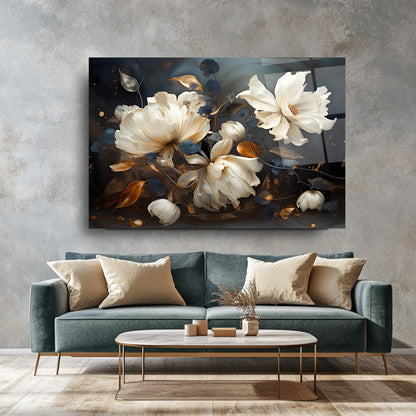 Beyaz Turuncu Çiçekler Cam Tablo