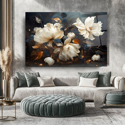 Beyaz Turuncu Çiçekler Cam Tablo