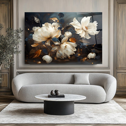 Beyaz Turuncu Çiçekler Cam Tablo