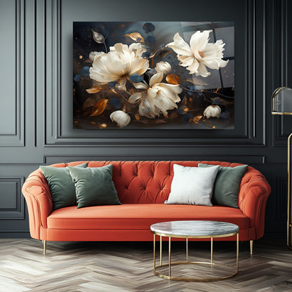 Beyaz Turuncu Çiçekler Cam Tablo