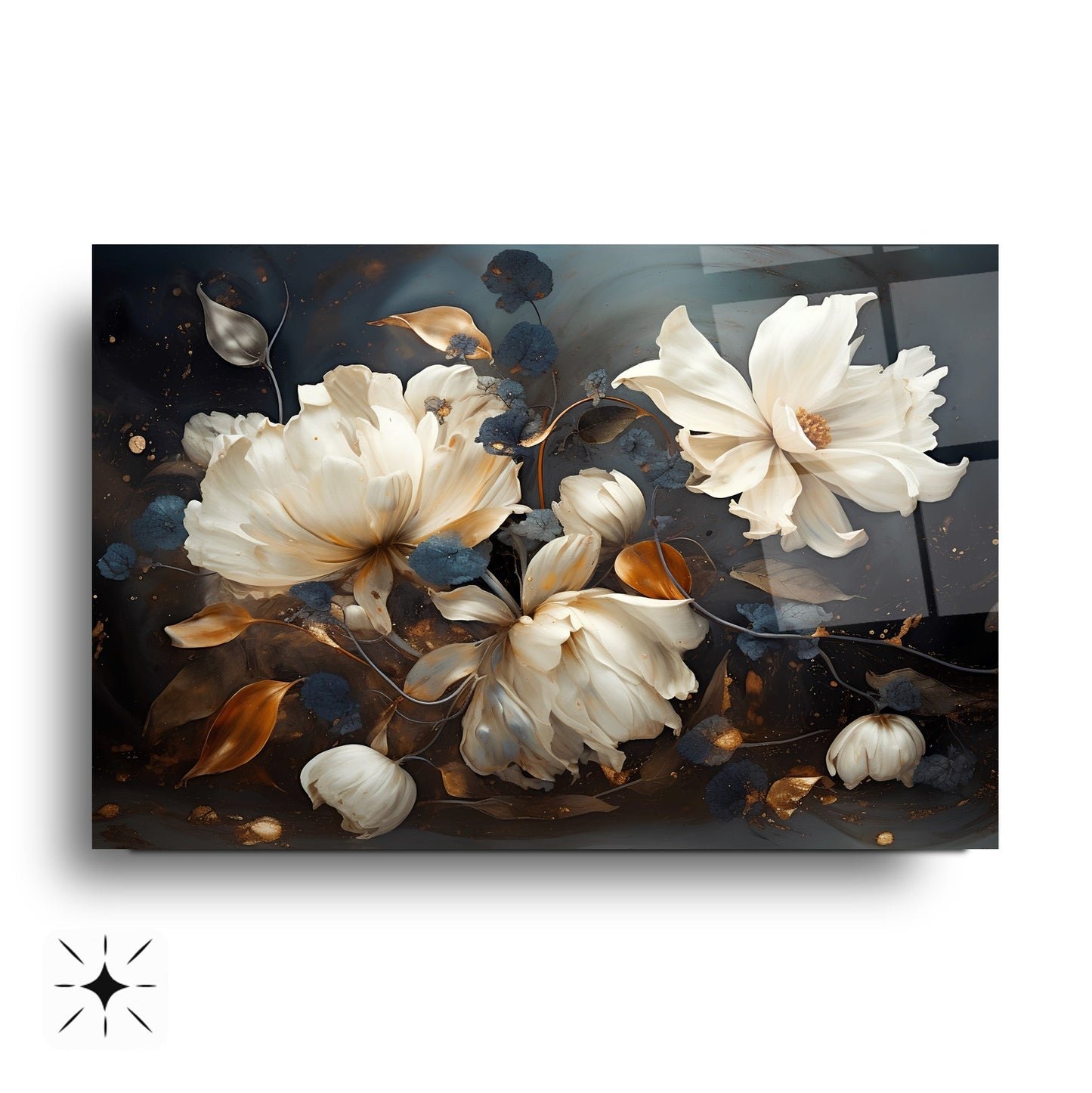 Beyaz Turuncu Çiçekler Cam Tablo