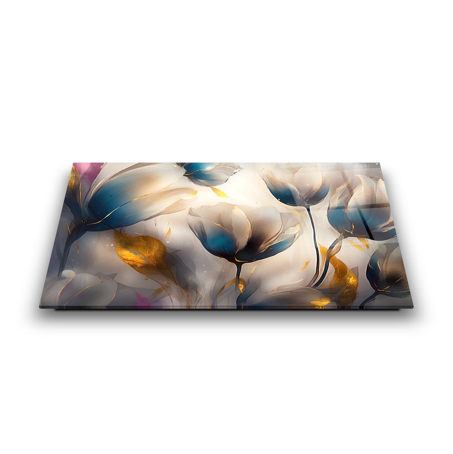 Gold Detaylı Renkli Çiçekler Cam Tablo