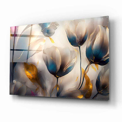 Gold Detaylı Renkli Çiçekler Cam Tablo